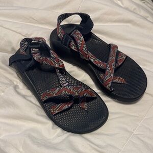 Chaco Women's Black Sandals with Red and Blue Patterned Straps